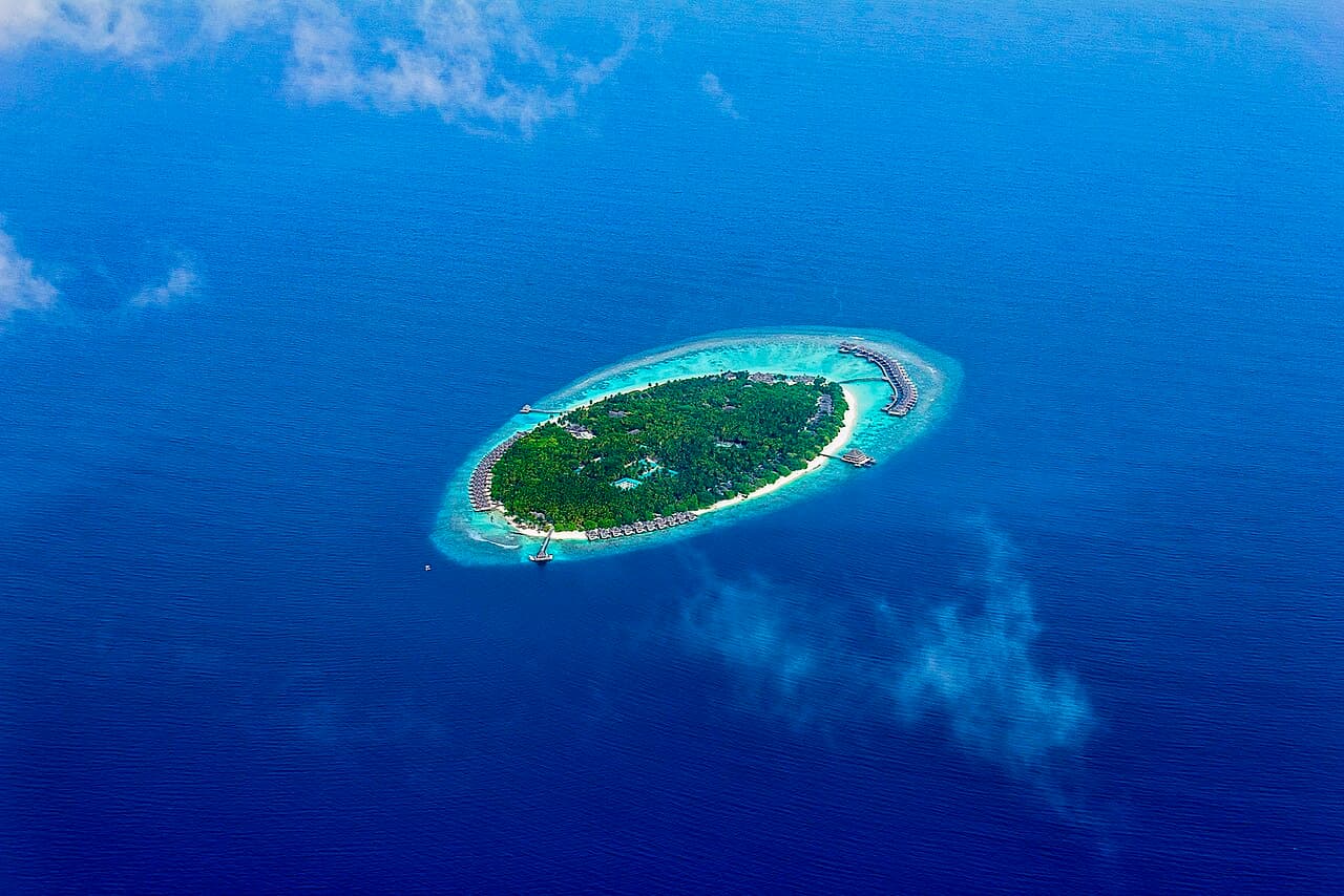 Aerial view of Mudhdhoo Island in Baa Atoll, Maldives